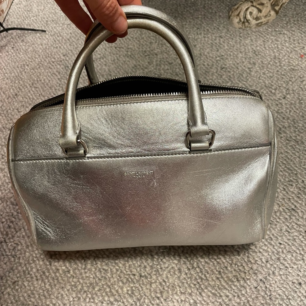 Saint Laurent purse with strap and handles. Metallic silver